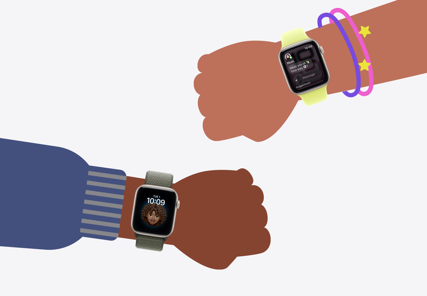 Apple Watch For Your Kids, cartoon illustrations of kids’ wrists wearing Apple Watch SE 3