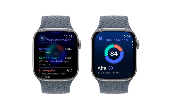 Apple Watch Series 11, cor cinza-espacial, caixa de alumínio, notificação de pontuação de sono, lateral direita, Digital Crown, pulseira loop solo trançada azul-âncora