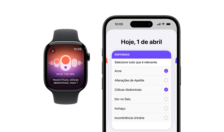 Apple Watch Series 11 com caixa preta brilhante de alumínio e pulseira esportiva preta, a tela mostra o app Acompanhamento de Ciclo e o seletor de sintomas diários está aberto no iPhone emparelhado