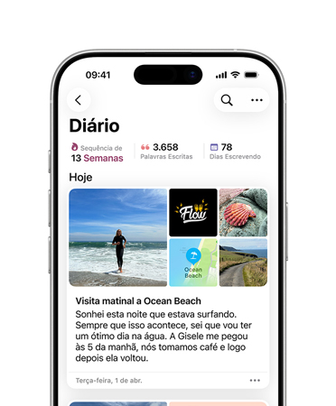 App Diário aberto em uma entrada de diário, fotos de um dia na praia e texto sobre sonhos no iPhone.