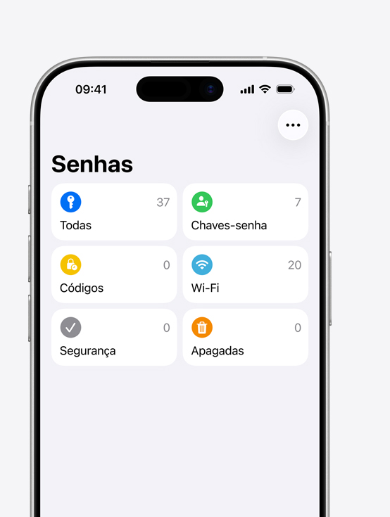 A tela do iPhone mostra o menu do app Senhas com as opções Todas, Chaves-senha, Códigos, Wi-Fi, Segurança e Apagadas