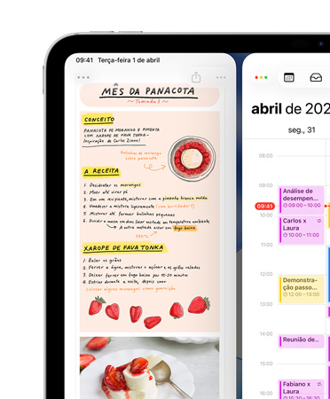 Canto esquerdo da tela de um iPad na horizontal mostrando os apps Notas e Calendário dispostos lado a lado como exemplo de janelas em mosaico