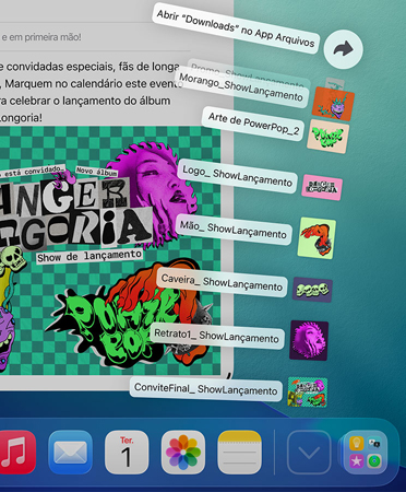 Close na parte inferior do Dock com uma série de arquivos se espalhando verticalmente a partir do Dock.