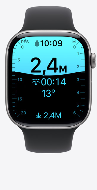 Apple Watch Series 11 com caixa cor de ouro rosa de alumínio, app Profundidade mostrando um mergulho de 2,5 metros