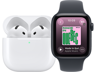 AirPods Pro 3, blancs, écouteurs, embouts de silicone, microphone, dans l’étui de recharge MagSafe, ouvert, coins arrondis, voyant lumineux de charge vert, Apple Watch SE 3, boîtier en aluminium, minuit, app Musique, écran À l’écoute, bracelet sport minuit