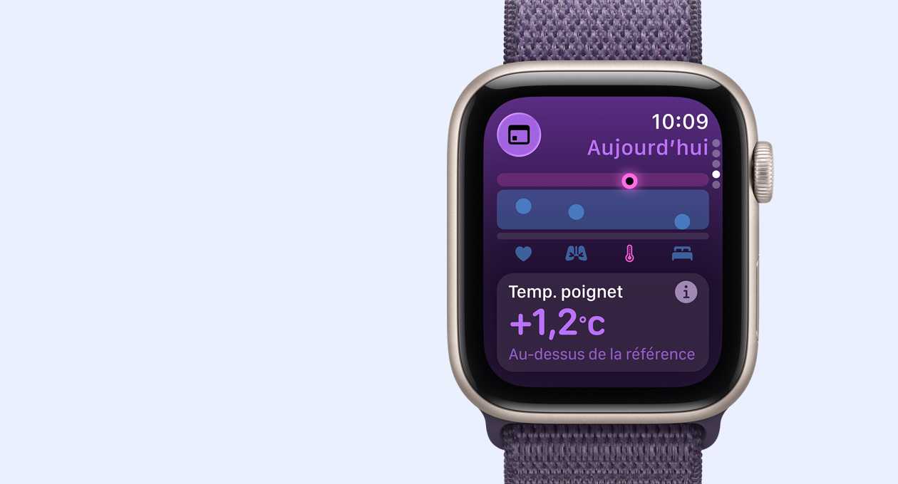 Apple Watch SE 3, boîtier en aluminium, comète, données liées à la température du poignet, côté droit extérieur, Digital Crown, bracelet, sport à rabat, brume violette