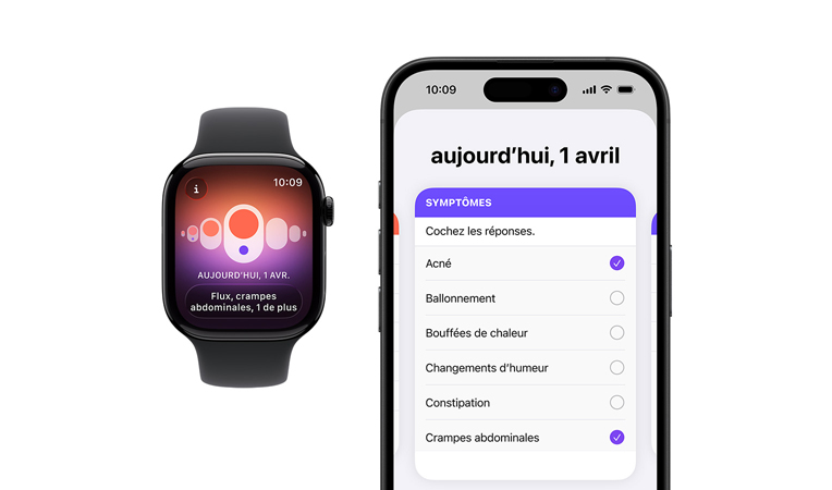Apple Watch Series 11, boîtier en aluminium, noir de jais poli, bracelet sport, noir, app Suivi du cycle, sélecteur de symptômes quotidiens ouvert sur un iPhone jumelé