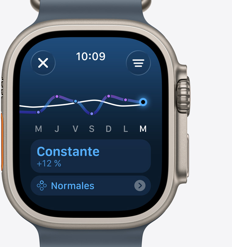 Apple Watch Ultra 3, boîtier en titane, naturel, écran de charge d’entraînement indiquant une augmentation constante de l’effort