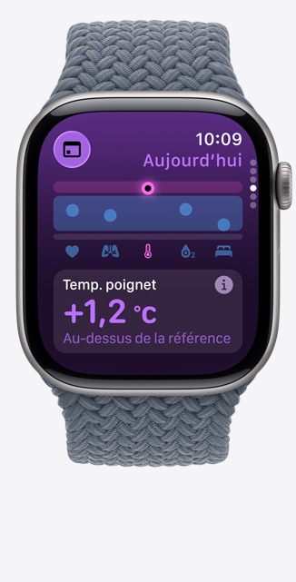 Apple Watch Series 11, boîtier en titane, ardoise, app Signes vitaux, tableau des données de santé, notification de température du poignet au-delà de la normale, côté droit, Digital Crown, bracelet solo tressé, bleu nautique