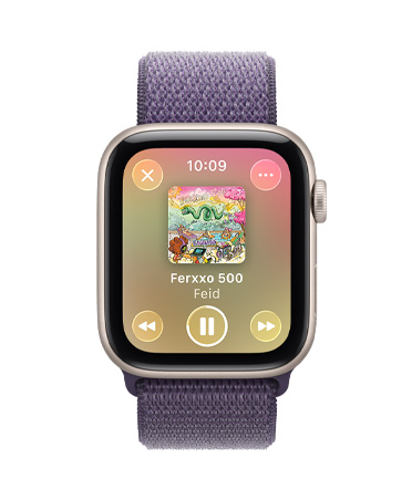 Apple Watch SE 3, caja de aluminio, blanco estelar, reproducción de contenido multimedia, Apple Music, parte lateral derecha, Digital Crown, correa loop deportiva, morado niebla
