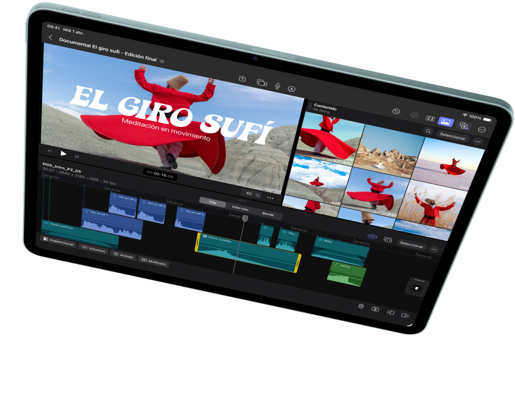 iPad Air en posición horizontal, muestra la edición de un video en Final Cut Pro