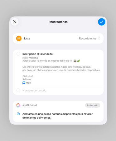 Lista en la app Recordatorios con recordatorios inteligentes y tareas sugeridas
