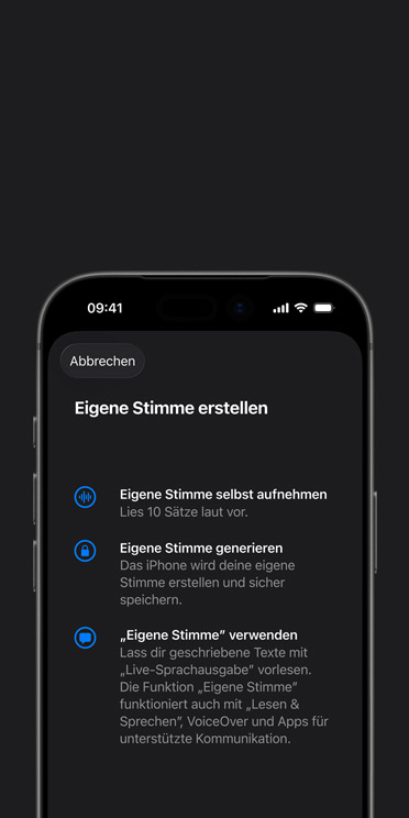 iPhone 17 Pro Bildschirm mit der Funktion Eigene Stimme und einer Anleitung zum Erstellen deiner eigenen Stimme
