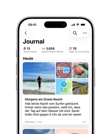 Journal App geöffnet mit Journaleintrag für den Tag, Bilder von einem Tag am Strand und Text zu Träumen auf einem iPhone