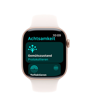 Apple Watch Series 11, Aluminiumgehäuse, Farbe Roségold, Achtsamkeit App geöffnet, rechte Seite: Digital Crown, Sportarmband Blassrosa
