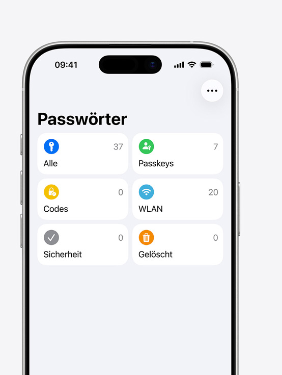 iPhone Display zeigt das Passwörter Menü mit den Optionen Alle, Passkeys, Codes, WLAN, Sicherheit, Gelöscht