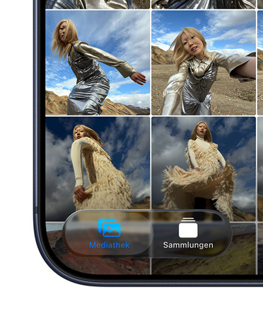 Ein iPhone; unten links auf dem Display ist eine Kachel der Fotos App; die Tabs „Mediathek“ und „Sammlungen“ werden im neuen Liquid Glass Design angezeigt