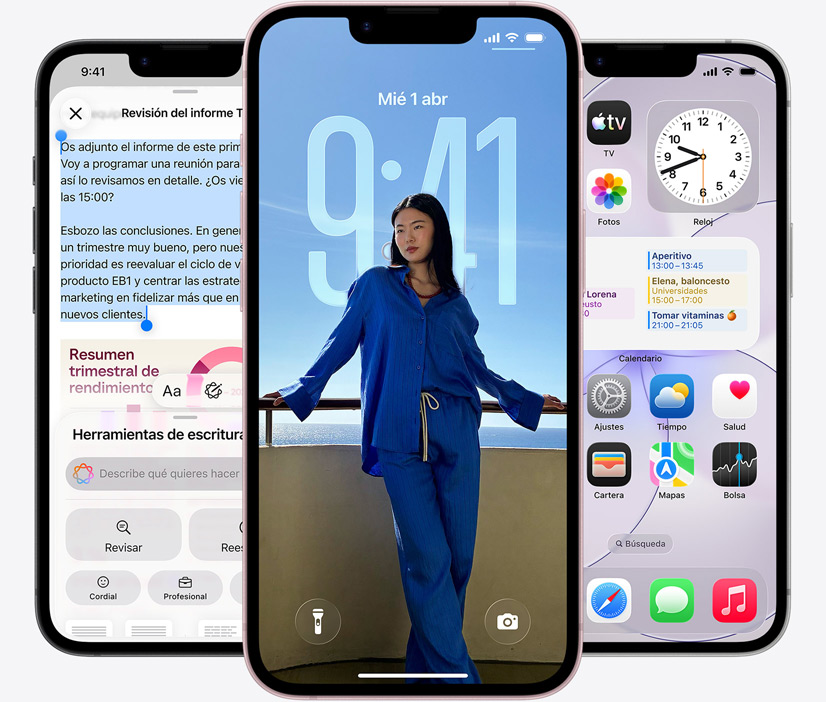 Tres iPhone 17e, parte delantera, captura de pantalla de Herramientas de Escritura en uso, pantalla de bloqueo con la foto de una persona y la app Mensajes enviando mensajes vía satélite