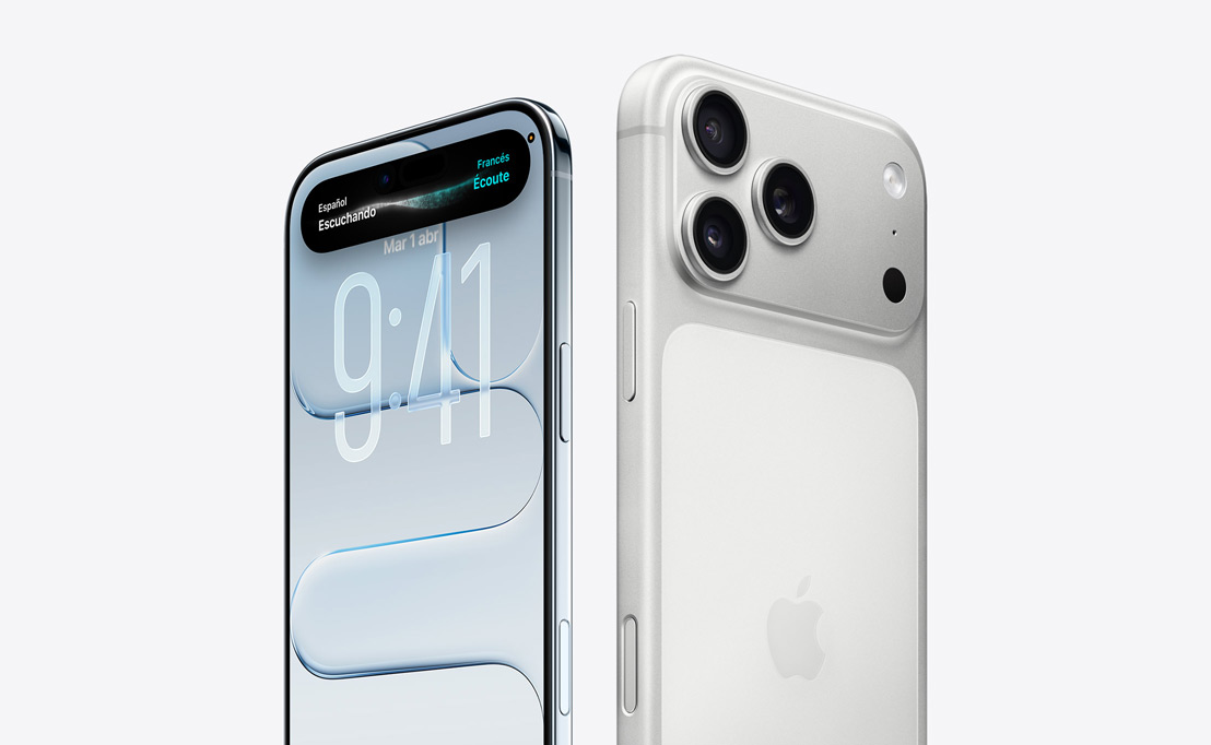 Parte delantera exterior de un iPhone Air con Liquid Glass y Dynamic Island, borde fino de titanio, parte trasera exterior de un iPhone 17 Pro con sistema de cámaras Pro en la esquina superior izquierda