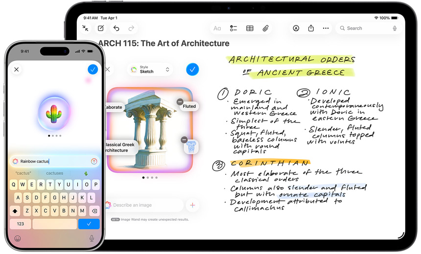 iPhone e iPad a mostrar Genmoji a criar um cato com as cores do arco‑íris e a Varinha gráfica a transformar um esboço numa construção de estilo mogol.