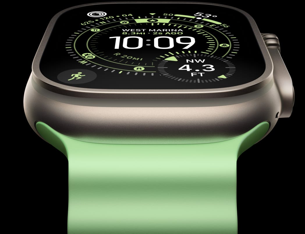 Apple Watch Ultra 3,  titanium case, natural color, compass on Orienteering watch face, Ocean Band, neon green color