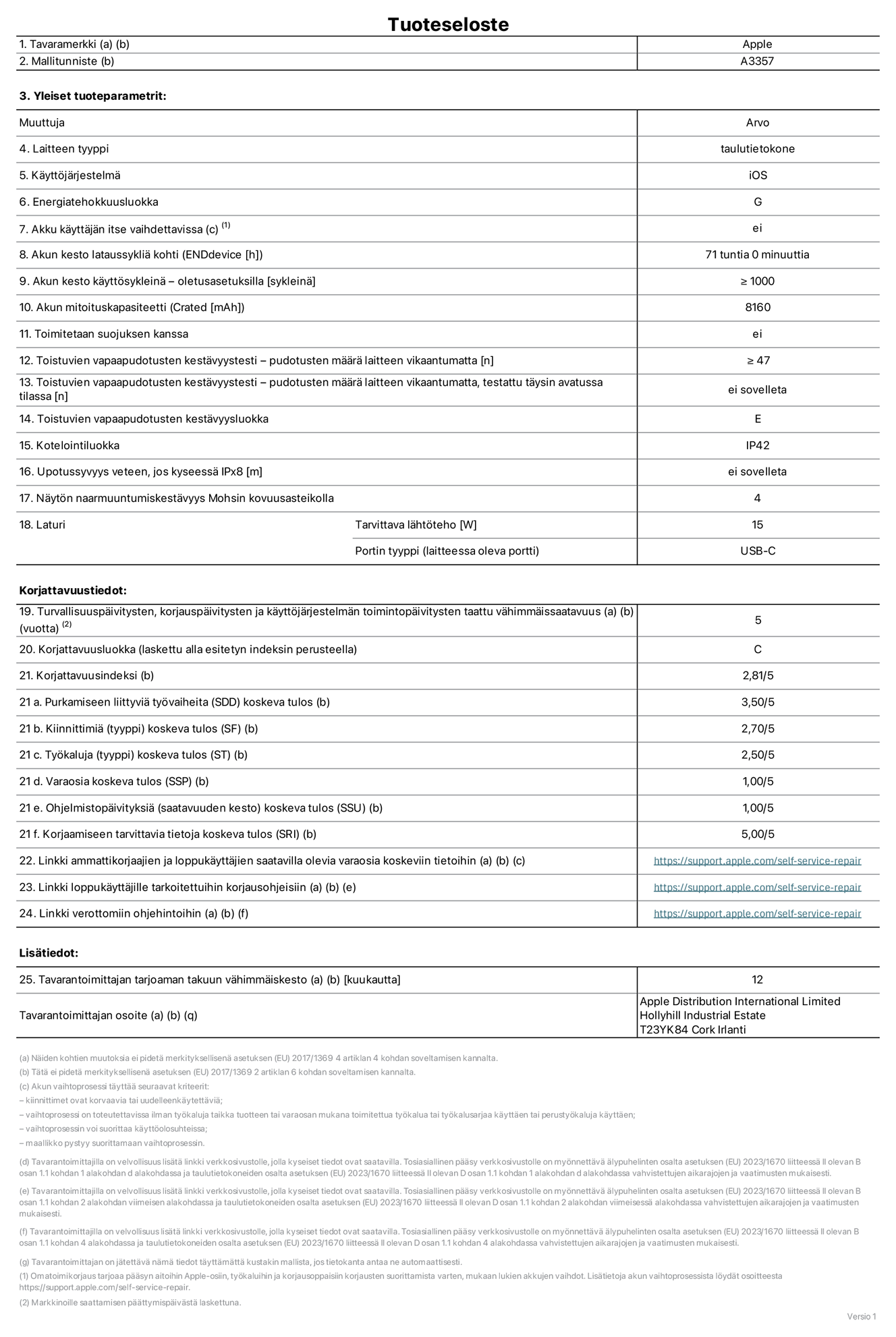 11 tuuman iPad Pron (M5) (Wi-Fi) tuotetiedot, malli A3357. Toimittaja: Apple Distribution International Limited, Hollyhill Industrial Estate. Cork, Irlanti T23 YK84. Laitteen tyyppi: tabletti. Käyttöjärjestelmä: iOS. Energiatehokkuusluokka: G. Akku käyttäjän itse vaihdettavissa: ei. Akun kesto lataussykliä kohti: 71 tuntia. Akun kesto käyttösykleinä – oletusasetuksilla: Vähintään 1 000. Akun mitoituskapasiteetti: 8 160 mAh. Toimitetaan suojuksen kanssa: ei. Toistuvien vapaapudotusten kestävyystesti – pudotusten määrä laitteen vikaantumatta: ≥ 47. Toistuvien vapaapudotusten kestävyystesti – pudotusten määrä laitteen vikaantumatta, testattu täysin avatussa tilassa: ei sovelleta. Toistuvien vapaapudotusten kestävyysluokka: E. Kotelointiluokka: IP42. Upotussyvyys veteen, jos kyseessä IPx8: ei saatavilla. Näytön naarmuuntumiskestävyys Mohsin kovuusasteikolla: 4. Laturin tarvittava lähtöteho: 15 W. Laturin portin tyyppi (laitteessa): USB-C. Turvallisuuspäivitysten, korjauspäivitysten ja käyttöjärjestelmän toimintopäivitysten taattu vähimmäissaatavuus: 5 vuotta. Korjattavuusluokka: C. Korjattavuusindeksi: 2,81/5. Purkamiseen liittyviä työvaiheita (SDD) koskeva tulos: 3,50/5. Kiinnittimiä koskeva tulos: 2,70/5. Työkaluja koskeva tulos: 2,50/5. Varaosia koskeva tulos: 1,00/5. Ohjelmistopäivityksiä koskeva tulos: 1,00/5. Korjaamiseen tarvittavia tietoja koskeva tulos: 5,00/5. Linkki ammattikorjaajien ja loppukäyttäjien saatavilla olevia varaosia koskeviin tietoihin: https://support.apple.com/self-service-repair. Linkki loppukäyttäjille tarkoitettuihin korjausohjeisiin: https://support.apple.com/self-service-repair. Linkki verottomiin ohjehintoihin: https://support.apple.com/self-service-repair. Yleistakuun kesto 12 kuukautta.
