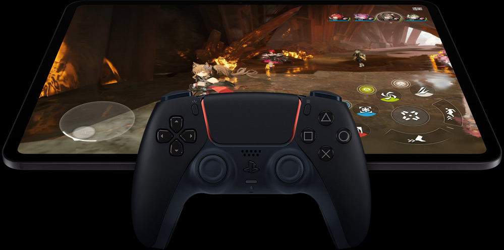 Wireless PlayStation controller atop iPad Pro, front exterior, landscape orientation, space black colour, display showing a video game screen of a futuristic robot mech with a glowing pink laser sword