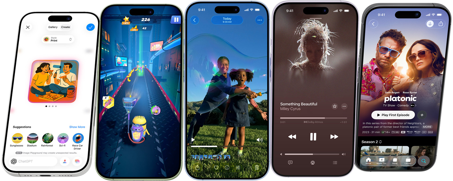 iPhone 17-enheter som roterar vertikalt och stannar och visar skärmar med iPhone-funktioner
