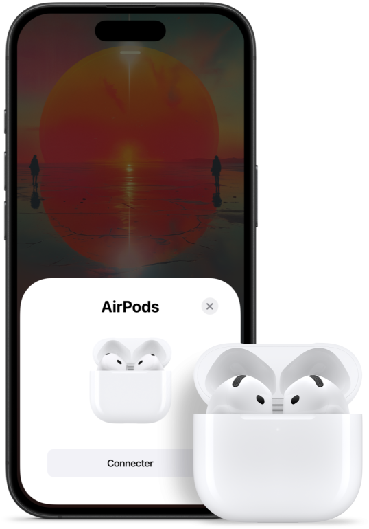 Un boîtier de charge ouvert avec des AirPods 4 à l’intérieur, à côté d’un iPhone montrant que les AirPods 4 ont été connectés.