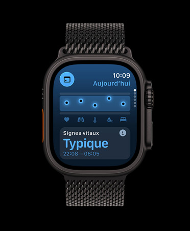 Apple Watch Ultra 3, finition noire, boîtier en titane, app Signes vitaux, tableau des scores de santé, notification de valeurs anormales des signes vitaux nocturnes, Bracelet Milanais noir