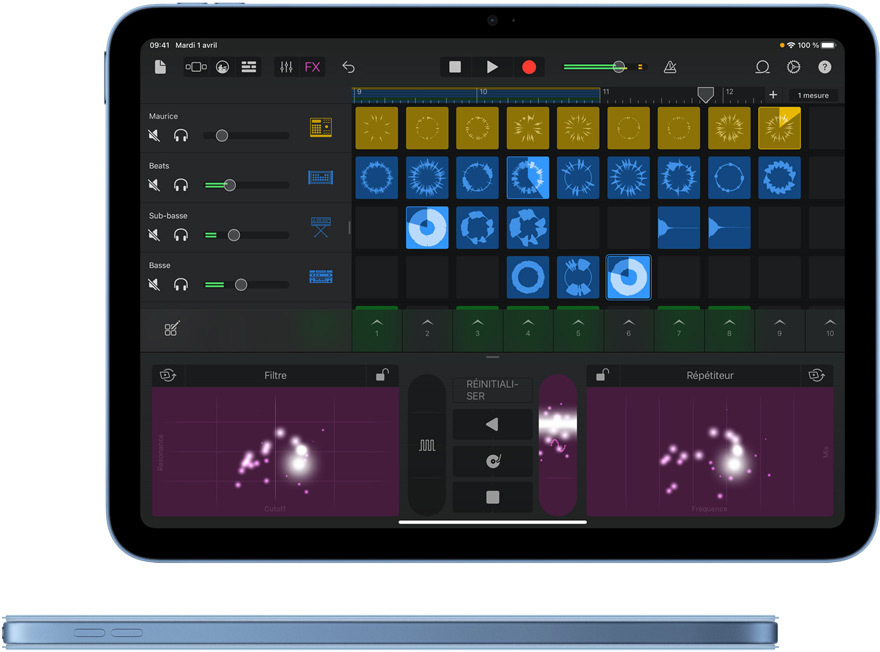 GarageBand affiché sur un iPad et vue latérale d’un iPad bleu avec coque Smart Folio assortie