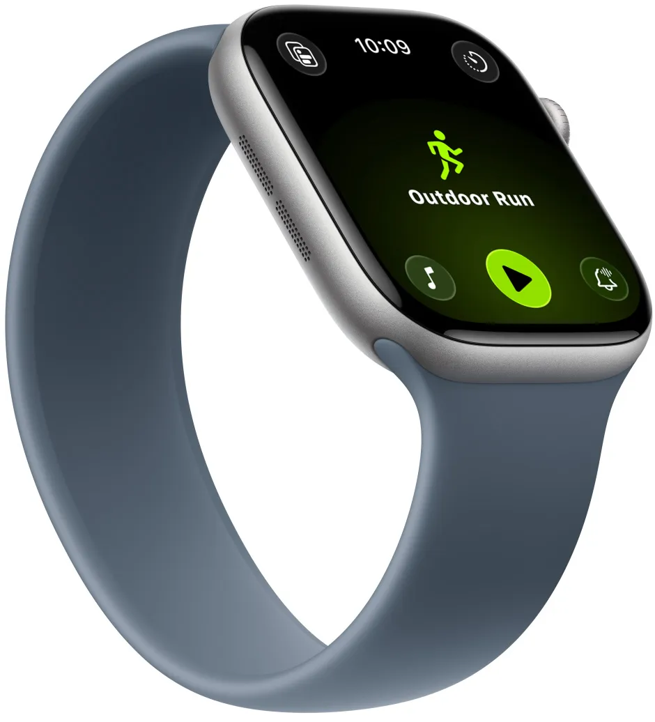 Apple Watch Series 11, aluminum case, space gray color, Outdoor Run workout, Apple Music controls at bottom of screen, Solo Loop, anchor blue color