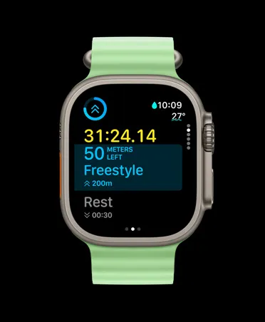 Apple Watch Ultra 3, natural color, titanium case, Workout app, custom workout card, Up Next view, neon green Ocean Band