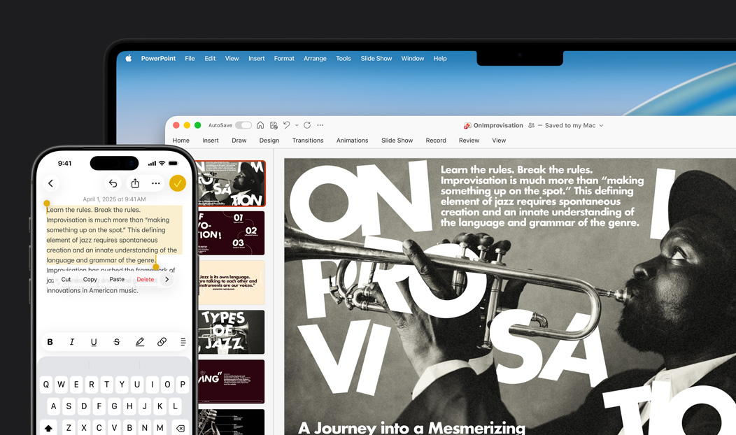 iPhone 16 Plus dengan teks yang disorot di aplikasi Catatan, MacBook Pro dengan slide Microsoft PowerPoint terbuka, teks dari aplikasi Catatan terlihat di dalam slide