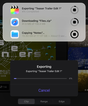 A list of Live Activities in progress and running simultaneously, list includes exporting a trailer, downloading large files and moving “Notes” to “Backup”