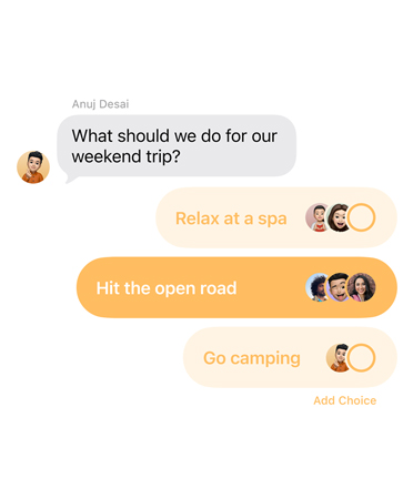 Close up of new polls feature in Messages with people in the group chat voting for where to take a weekend trip