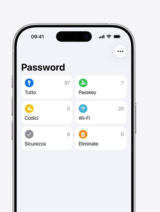 iPhone che mostra il menu Password con le opzioni Tutto, Passkey, Codici, Wi‑Fi, Sicurezza, Eliminate