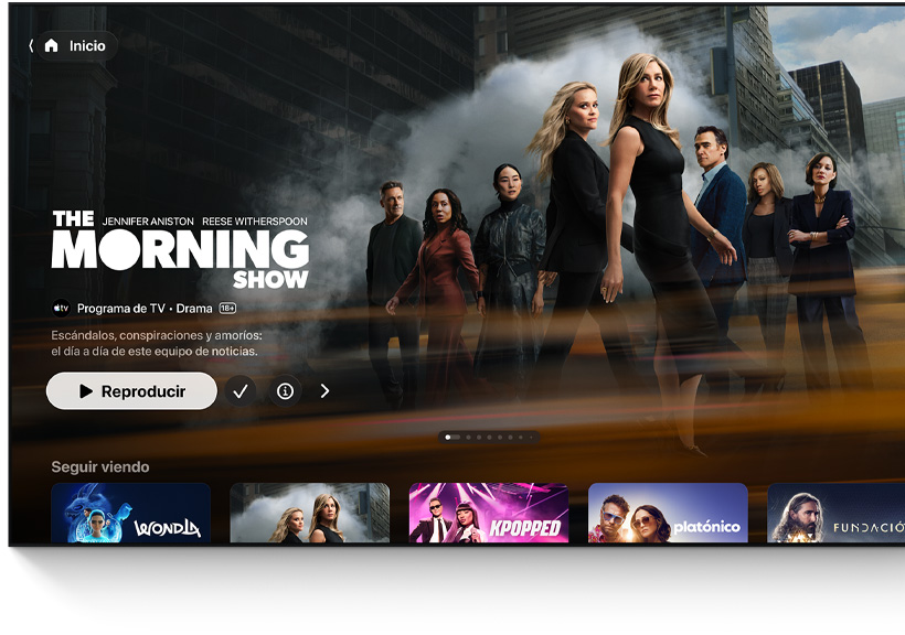 Un televisor de pantalla plana muestra la interfaz de la pantalla de inicio de la app Apple TV
