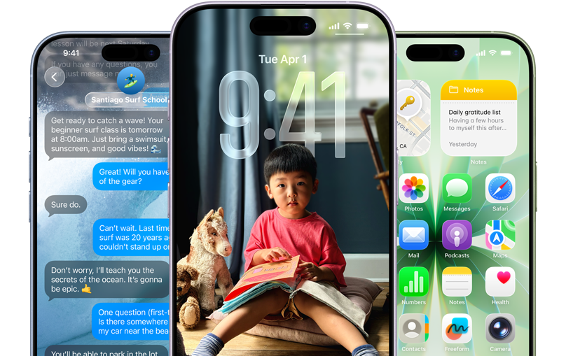 iPhone 17 devices, front exterior, colors: mist blue, lavender, sage, iOS features - Background with messages, Liquid Glass showing the Lock Screen and Home Screen with various apps displayed