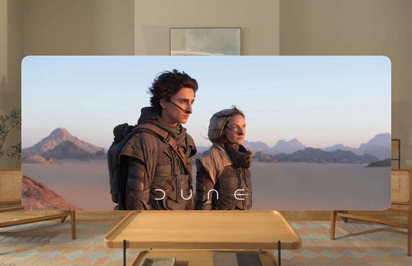 Two main characters from the film Dune in the Apple TV app on Apple Vision Pro.