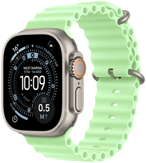 Apple Watch Ultra 3, natural color, titanium case, Orienteering watch face, right side exterior, Digital Crown, microphone, side button, Ocean Band, neon green color