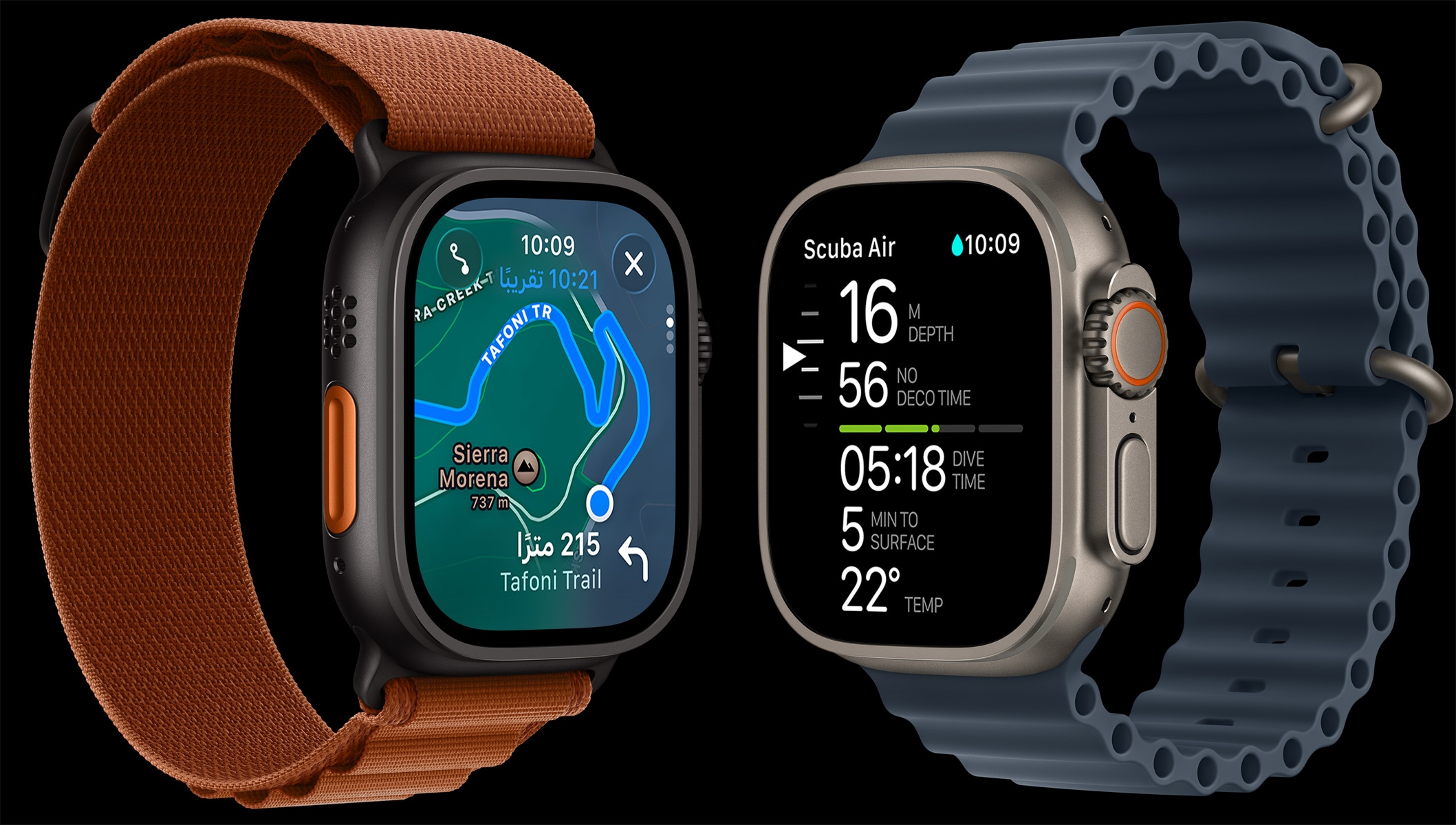 أجهزة Apple Watch Ultra 3، إطارات تيتانيوم، ألوان الأسود والطبيعي، خريطة المسار، قياسات الغوص