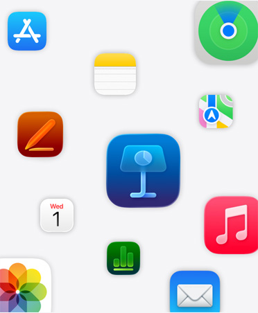 Apple apps: Keynote, Pages, Numbers, Music, Photos, Notes, Calendar, Mail, FaceTime, Messages, App Store