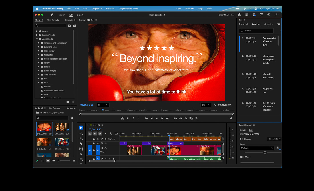 MacBook Pro screen showing the editing of a film titled Eternal Play in Adobe Premiere Pro