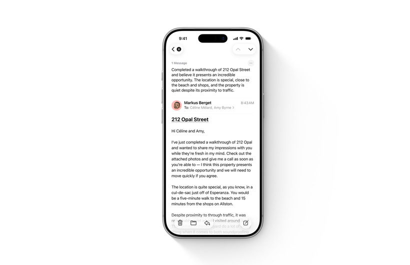 An email in the Mail app is shown with a summary you can read at the top.