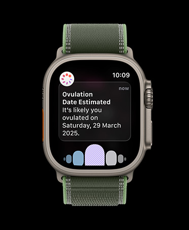 Apple Watch Ultra 3, natural titanium case, ovulation date estimation notification from Cycle Tracking in Health app, strap, Trail Loop, green/neon colour