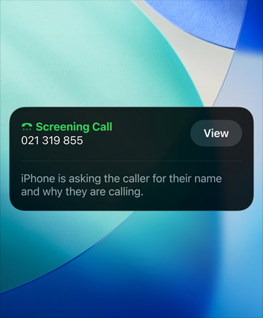iPhone app showing Call Screening feature in use