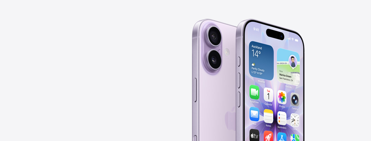 iPhone 17 in Lavender finish, front exterior with partial home screen displayed, side angle shows — Action and volume buttons. Back exterior shows Dual Fusion Camera System in top left corner, camera control button