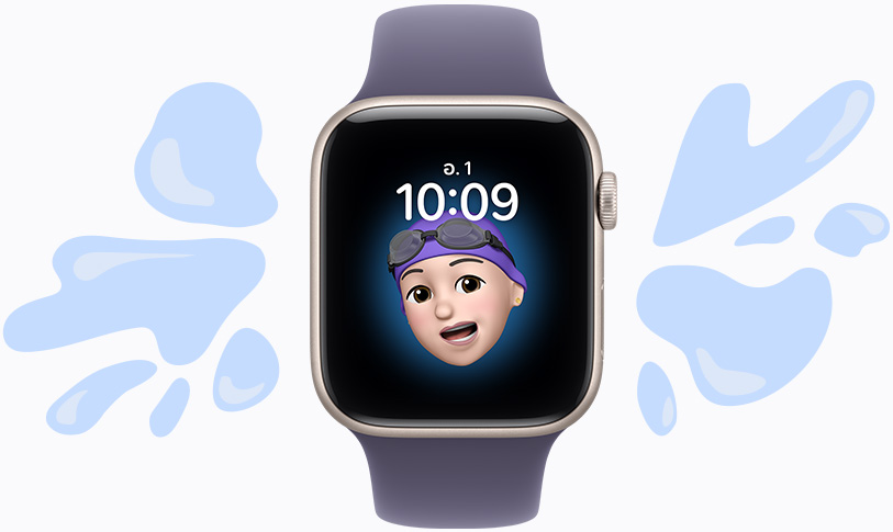 Apple Watch SE 3, aluminum case, starlight color, Memoji watch face, illustrated water splashes off water-resistance device, purple fog Sport Band