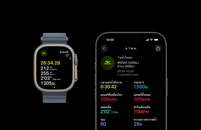 Apple Watch Ultra 3, natural color, titanium case, Ocean Band, anchor blue color, active Swim workout, larger workout metrics breakdown on iPhone